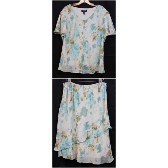 R&M Richards Outfit sz 18 W Teal Floral Shirt Tiered Skirt Spring Assmytrical - Picture 1 of 12